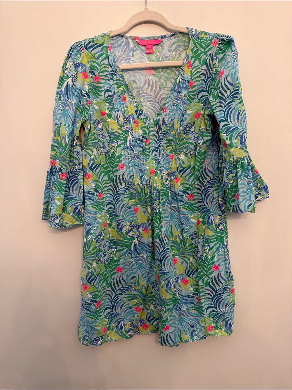 Lilly Pulitzer Green Blue Tropical Mini Dress with Pink Accents